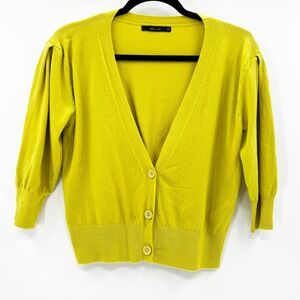 DELUC Womens Yellow Puff Sleeve V‎ Neck Button Cardigan Sweater Size S